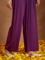 Janasya Women's Purple Rayon Embellished Gold Printed Anarkali Kurta Set