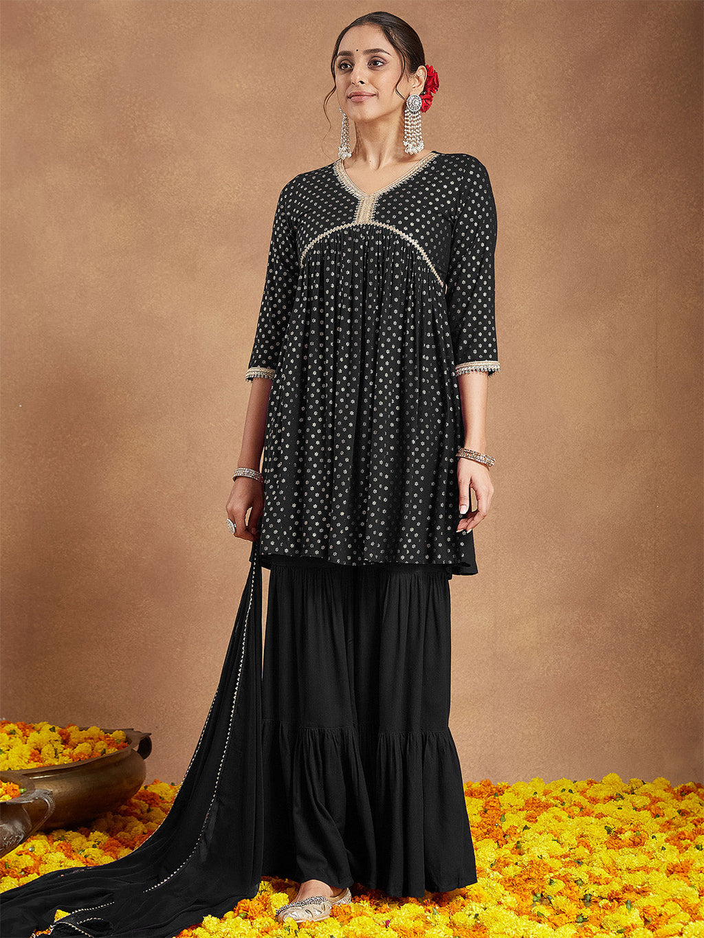Janasya Women's Black Rayon Foil Printed A-line Kurta With Sharara & Dupatta Set