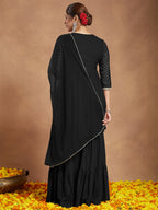 Janasya Women's Black Rayon Foil Printed A-line Kurta With Sharara & Dupatta Set