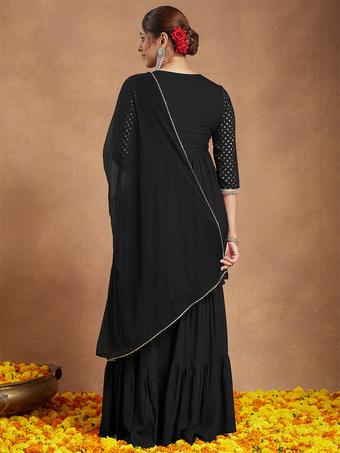 Janasya Women's Black Rayon Foil Printed A-line Kurta With Sharara & Dupatta Set