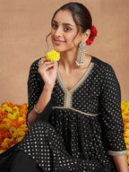 Janasya Women's Black Rayon Foil Printed A-line Kurta With Sharara & Dupatta Set