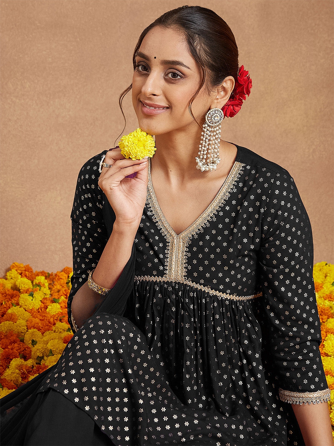 Janasya Women's Black Rayon Foil Printed A-line Kurta With Sharara & Dupatta Set