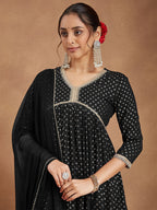Janasya Women's Black Rayon Foil Printed A-line Kurta With Sharara & Dupatta Set