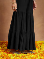 Janasya Women's Black Rayon Foil Printed A-line Kurta With Sharara & Dupatta Set