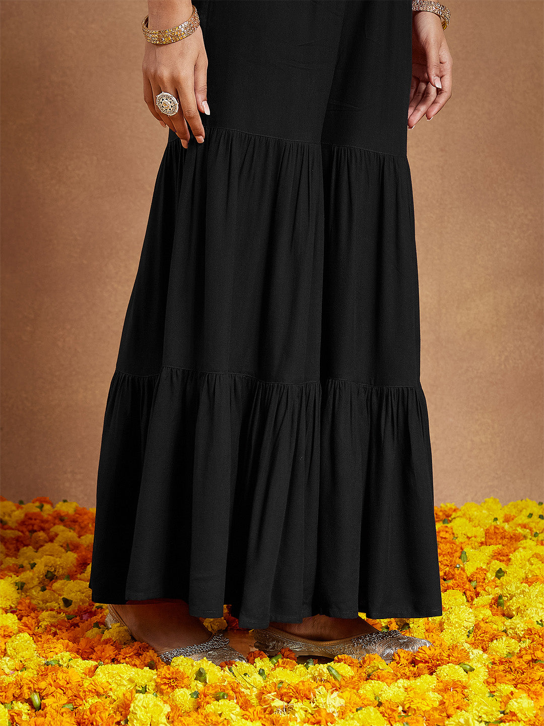 Janasya Women's Black Rayon Foil Printed A-line Kurta With Sharara & Dupatta Set