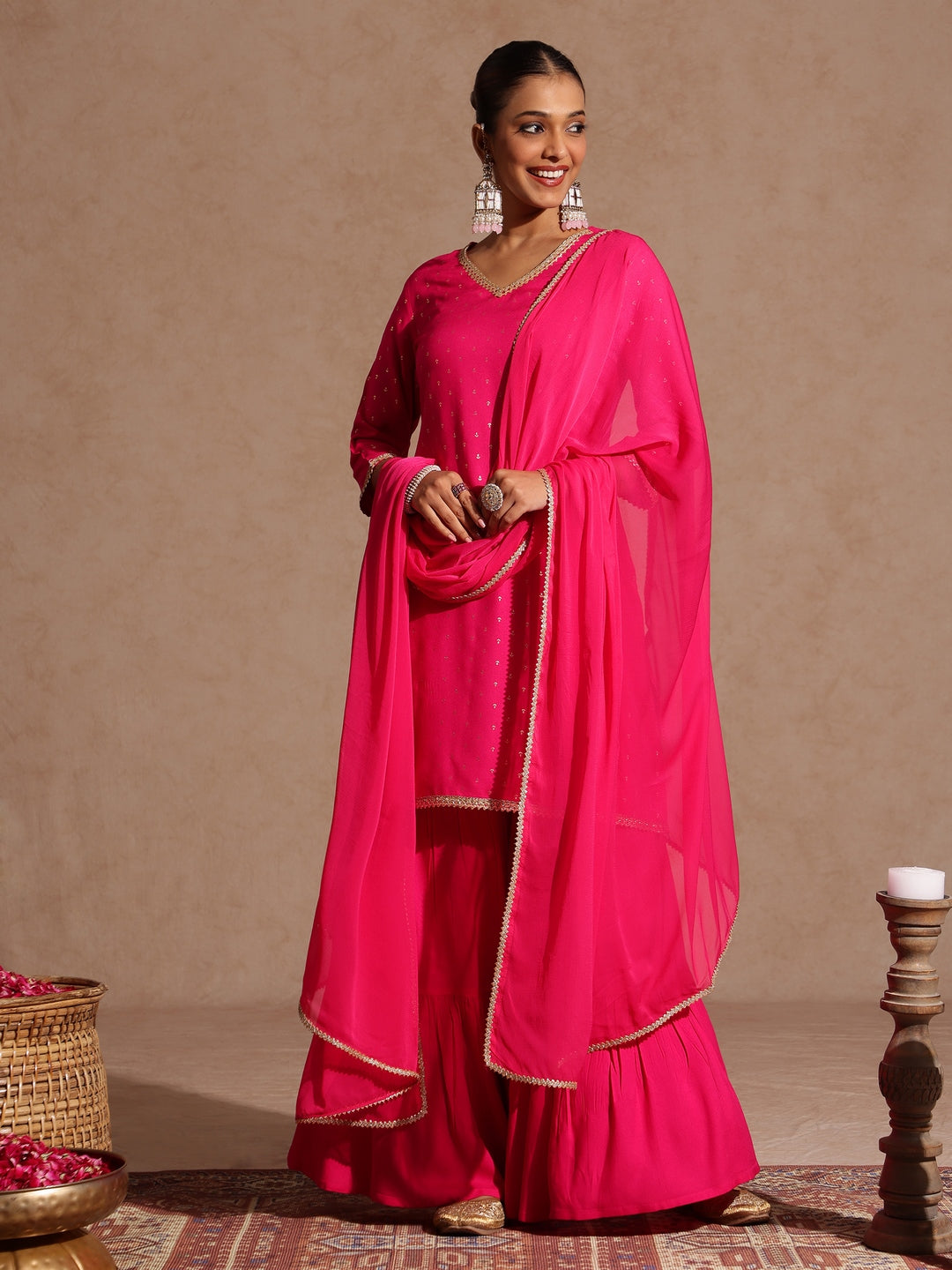 Janasya Women's Pink Rayon Embellished Gold Printed Straight Kurta With Sharara & Dupatta Set