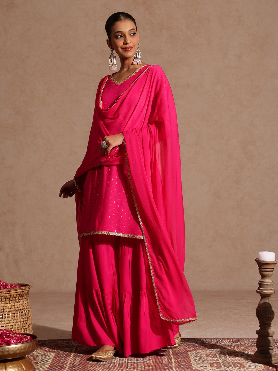 Janasya Women's Pink Rayon Embellished Gold Printed Straight Kurta With Sharara & Dupatta Set - qivii