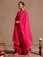Janasya Women's Pink Rayon Embellished Gold Printed Straight Kurta With Sharara & Dupatta Set