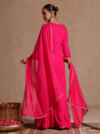 Janasya Women's Pink Rayon Embellished Gold Printed Straight Kurta With Sharara & Dupatta Set