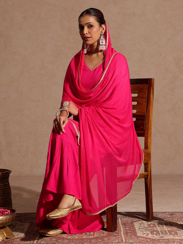 Janasya Women's Pink Rayon Embellished Gold Printed Straight Kurta With Sharara & Dupatta Set - qivii