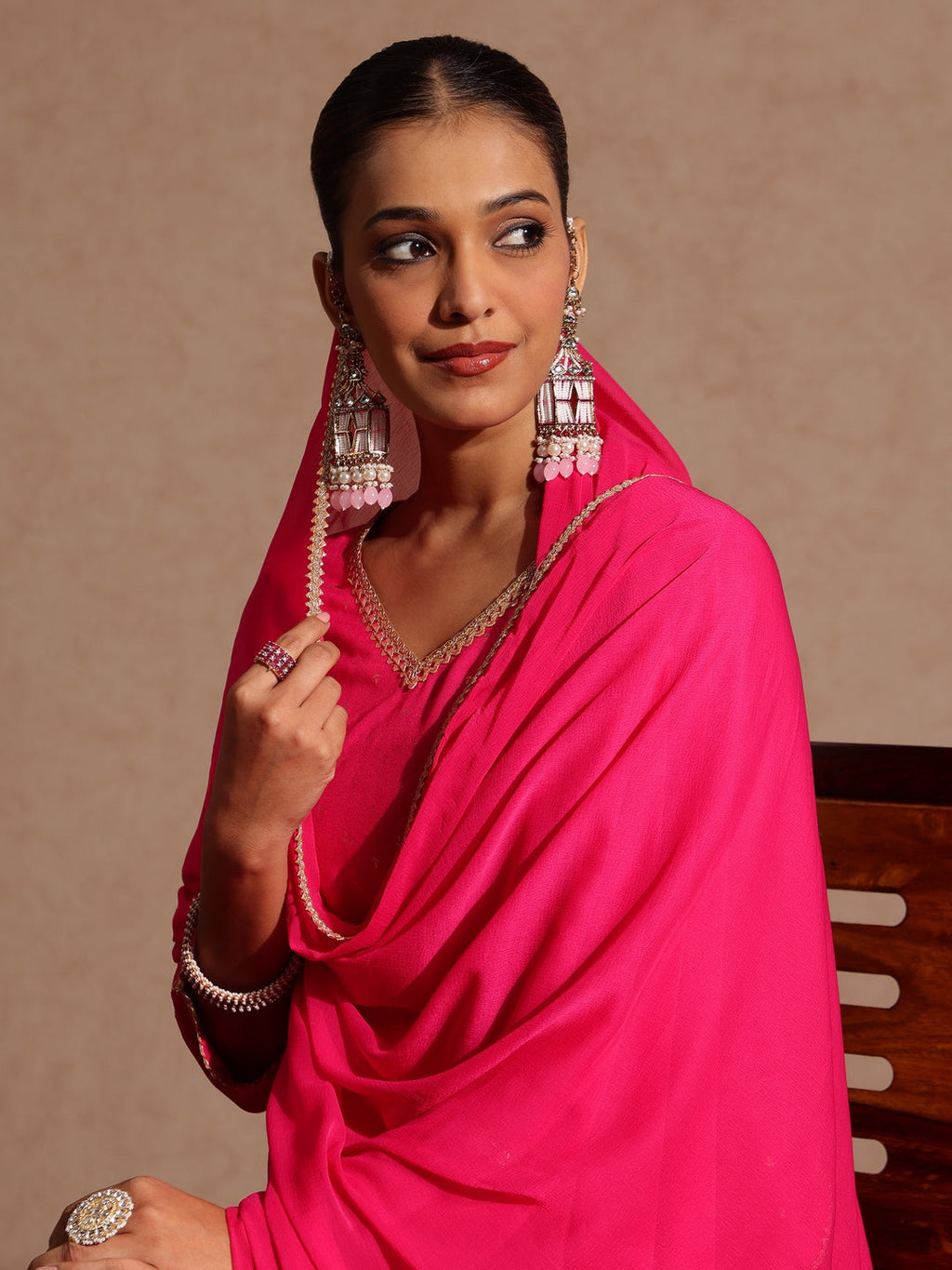 Janasya Women's Pink Rayon Embellished Gold Printed Straight Kurta With Sharara & Dupatta Set