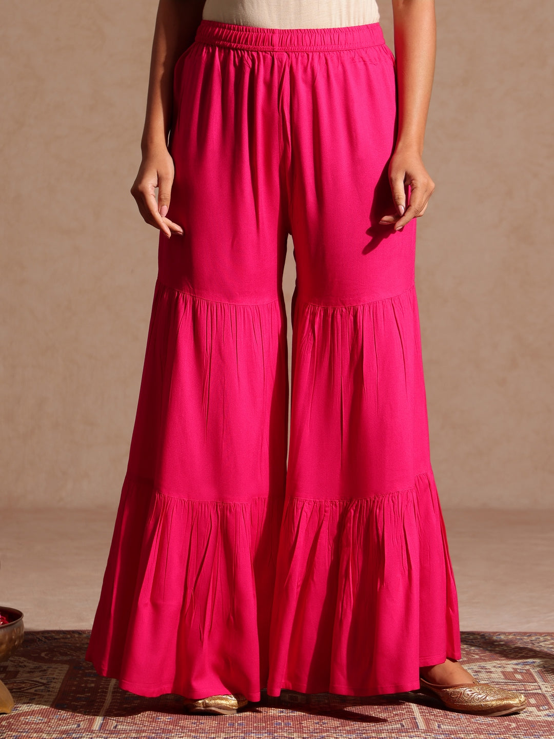 Janasya Women's Pink Rayon Embellished Gold Printed Straight Kurta With Sharara & Dupatta Set - qivii