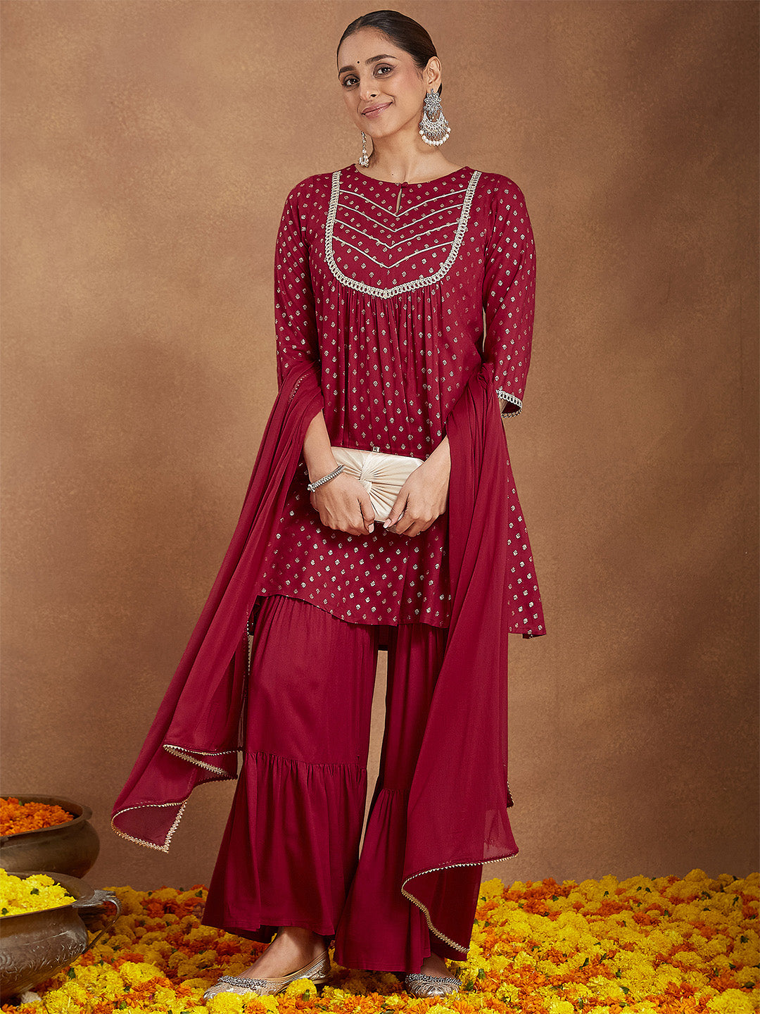 Janasya Women's Maroon Rayon Foil Printed Embellished A-line Kurta With Sharara & Dupatta Set - qivii