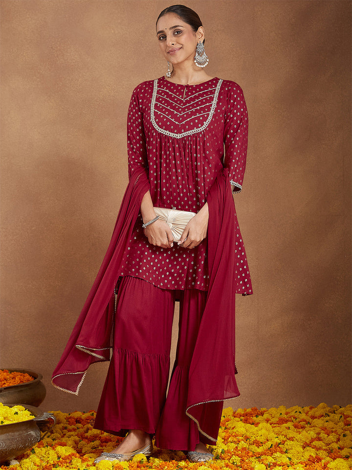 Janasya Women's Maroon Rayon Foil Printed Embellished A-line Kurta With Sharara & Dupatta Set - qivii