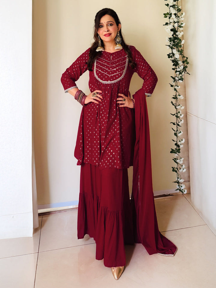 Janasya Women's Maroon Rayon Foil Printed Embellished A-line Kurta With Sharara & Dupatta Set - qivii