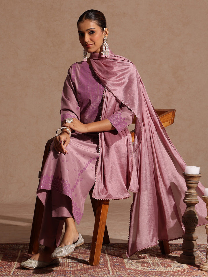 Janasya Women's Purple Silk Blend Embellished Zari Printed Straight Kurta Set - qivii