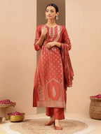 Janasya Women's Rust Silk Blend Ethnic Gold Printed Straight Kurta Set