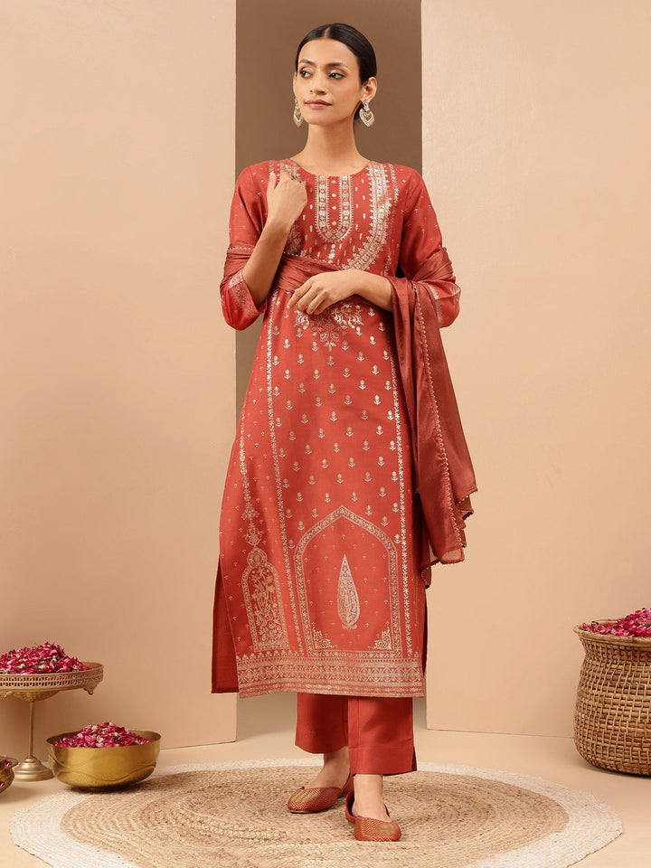 Janasya Women's Rust Silk Blend Ethnic Gold Printed Straight Kurta Set - qivii
