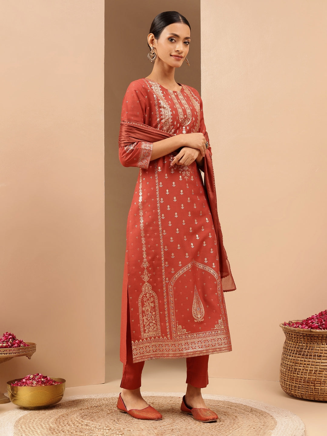 Janasya Women's Rust Silk Blend Ethnic Gold Printed Straight Kurta Set - qivii