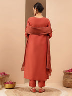 Janasya Women's Rust Silk Blend Ethnic Gold Printed Straight Kurta Set