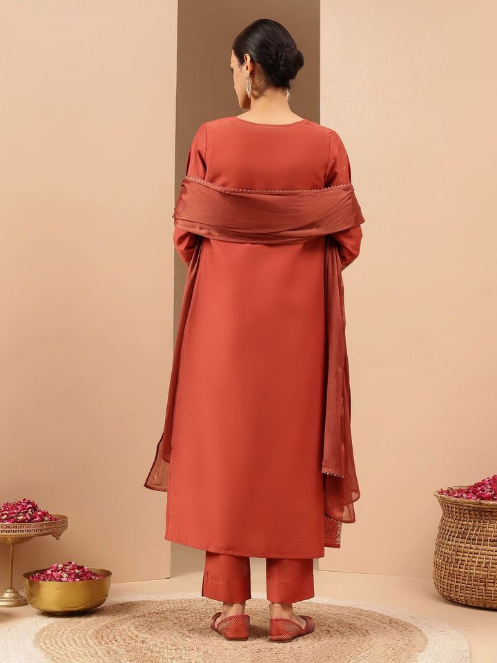 Janasya Women's Rust Silk Blend Ethnic Gold Printed Straight Kurta Set - qivii