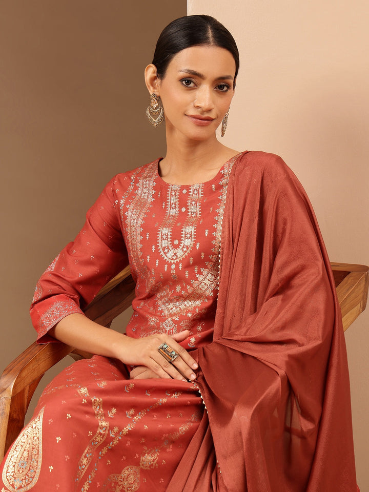 Janasya Women's Rust Silk Blend Ethnic Gold Printed Straight Kurta Set - qivii