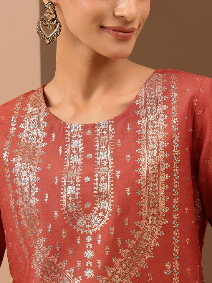 Janasya Women's Rust Silk Blend Ethnic Gold Printed Straight Kurta Set - qivii