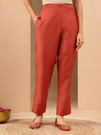 Janasya Women's Rust Silk Blend Ethnic Gold Printed Straight Kurta Set