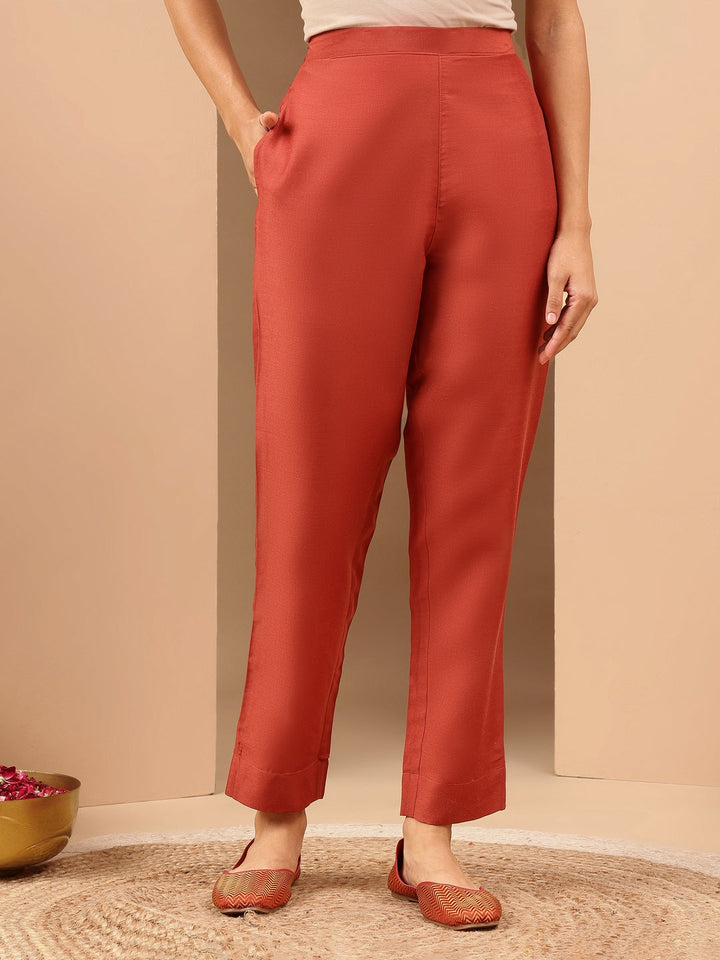 Janasya Women's Rust Silk Blend Ethnic Gold Printed Straight Kurta Set - qivii