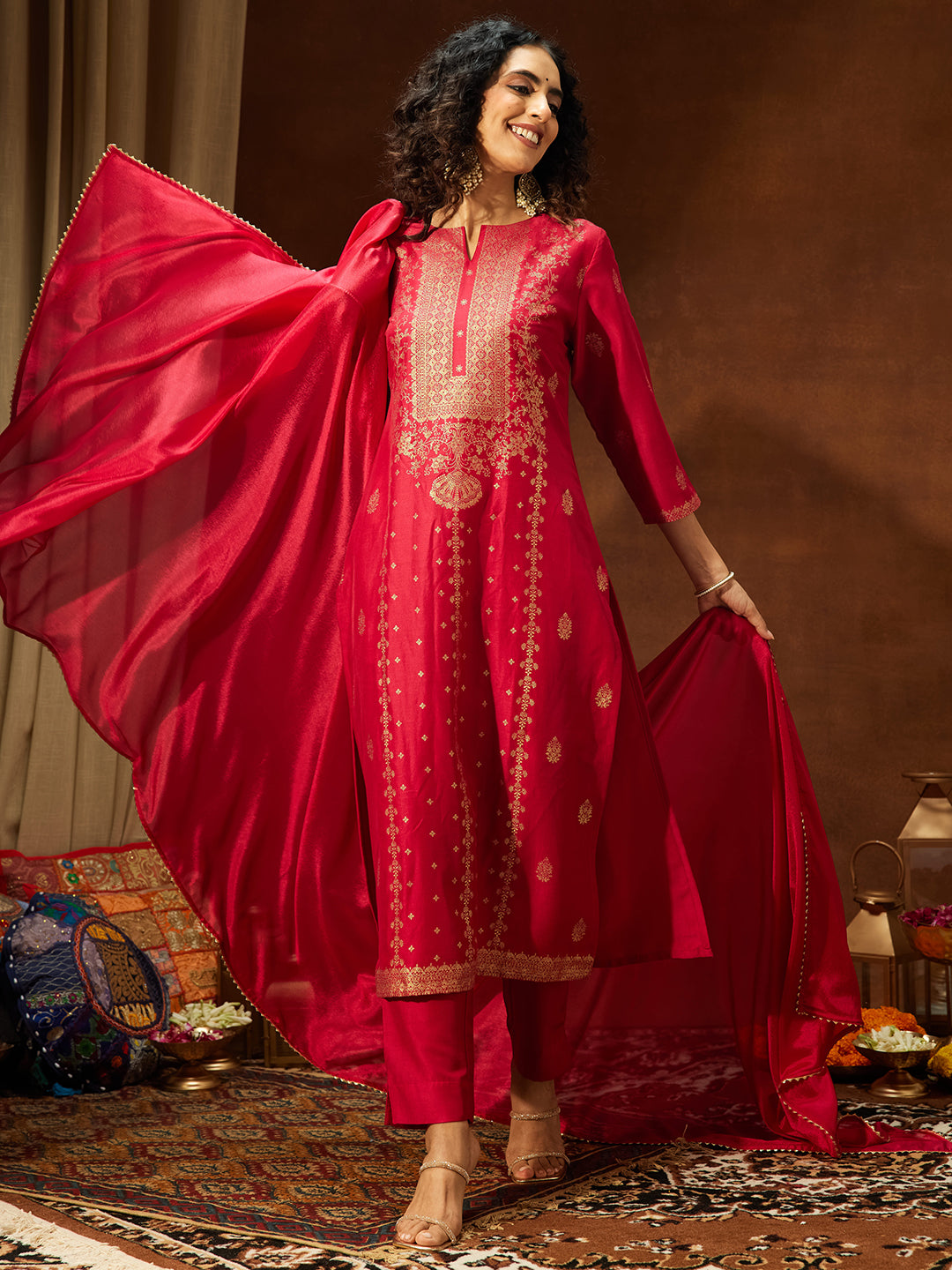 Janasya Women's Pink Silk Blend Gold Foil Printed Straight Kurta Set