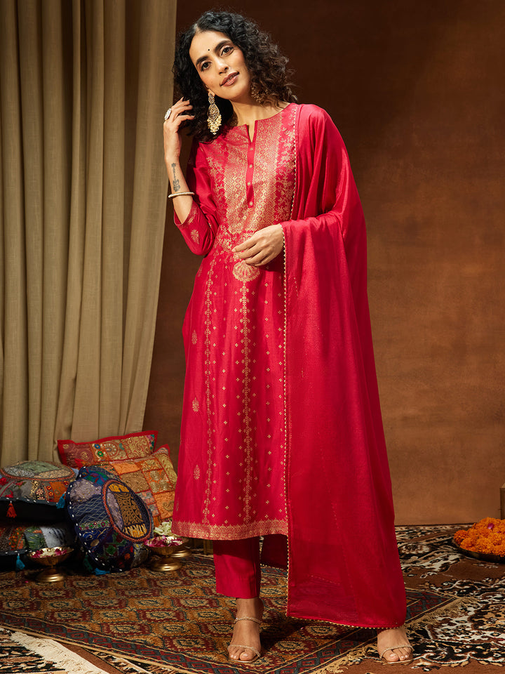 Janasya Women's Pink Silk Blend Gold Foil Printed Straight Kurta Set