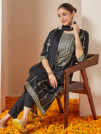 Janasya Women's Black Silk Blend Gold Printed Straight Kurta Set