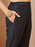 Janasya Women's Black Silk Blend Gold Printed Straight Kurta Set