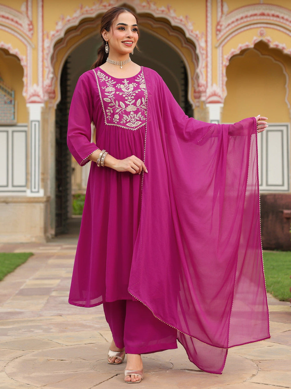 Janasya Women's Pink Georgette Embroidered A-line Kurta With Palazzo Dupatta Set