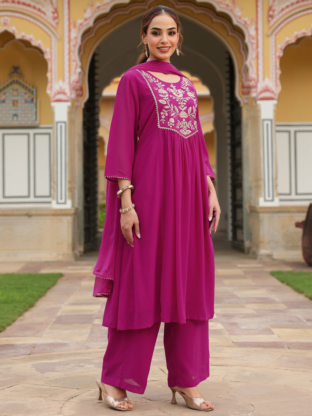 Janasya Women's Pink Georgette Embroidered A-line Kurta With Palazzo Dupatta Set