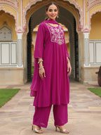 Janasya Women's Pink Georgette Embroidered A-line Kurta With Palazzo Dupatta Set