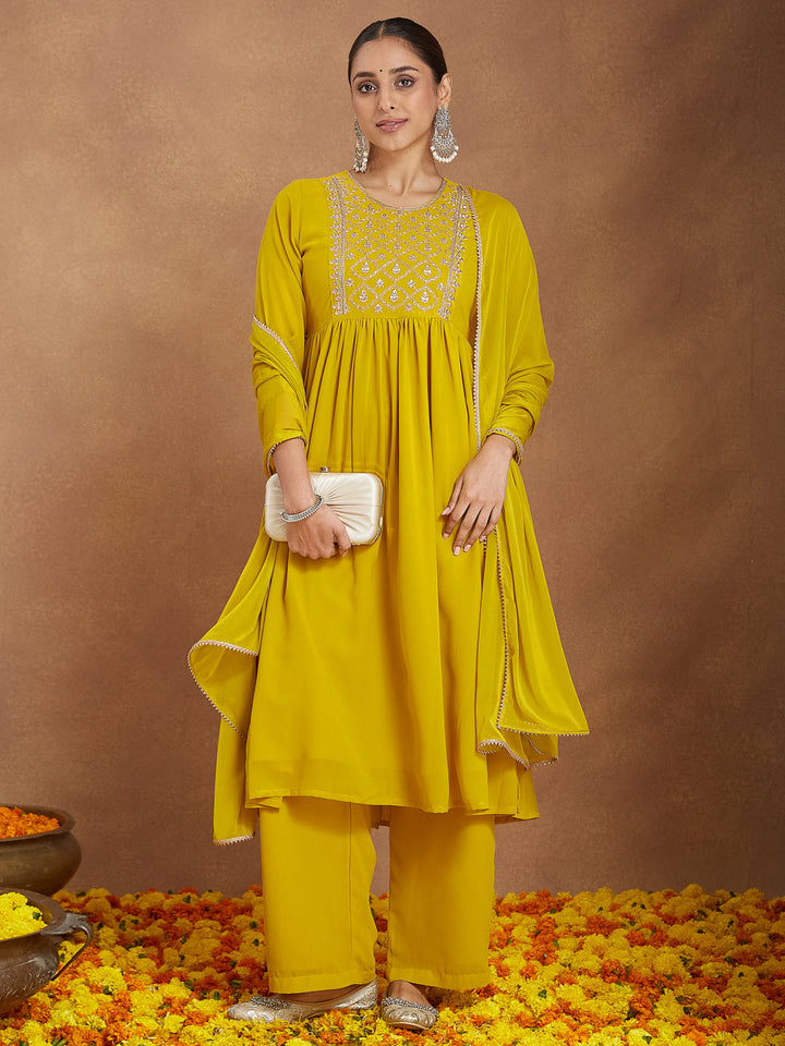 Janasya Women's Mustard Georgette Zari Yoke Embroidery A-line Kurta With Palazzo & Dupatta Set - qivii