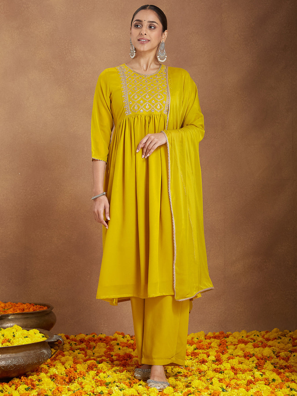 Janasya Women's Mustard Georgette Zari Yoke Embroidery A-line Kurta With Palazzo & Dupatta Set