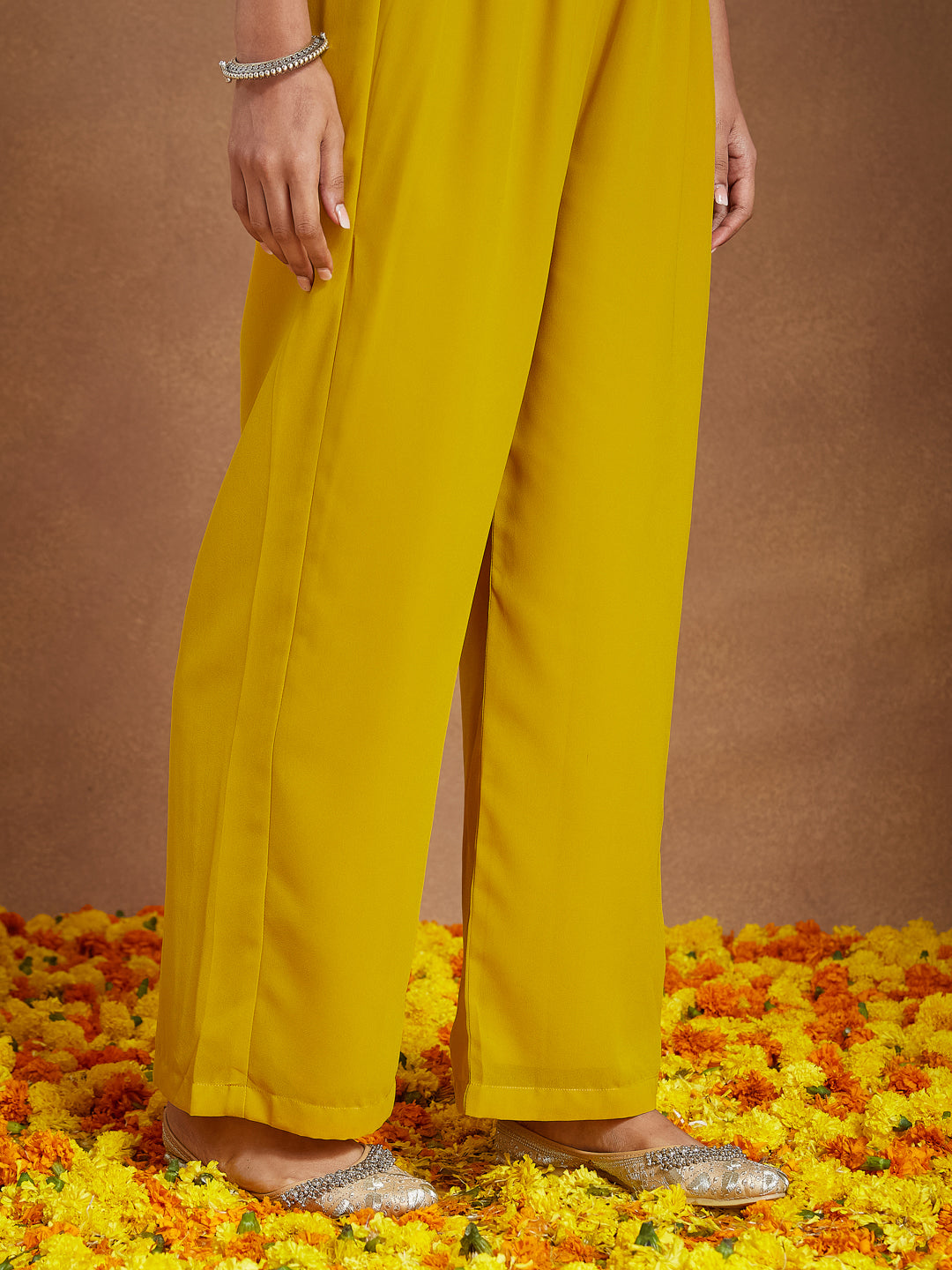 Janasya Women's Mustard Georgette Zari Yoke Embroidery A-line Kurta With Palazzo & Dupatta Set - qivii