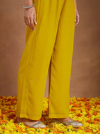 Janasya Women's Mustard Georgette Zari Yoke Embroidery A-line Kurta With Palazzo & Dupatta Set