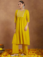 Janasya Women's Mustard Georgette Zari Yoke Embroidery A-line Kurta With Palazzo & Dupatta Set