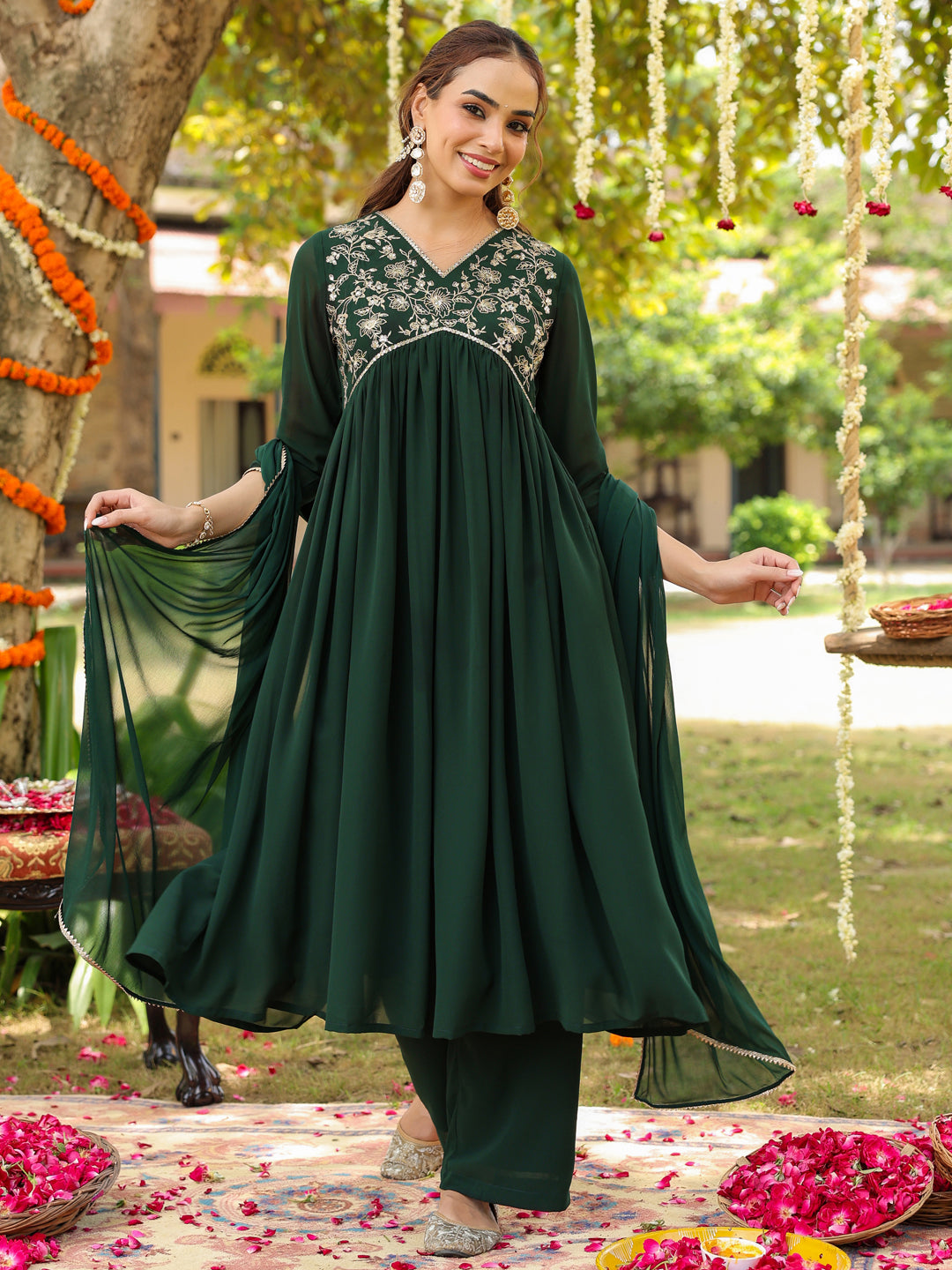 Janasya Women's Bottle Green Georgette Zari Yoke Embroidered A-line Kurta Set - qivii