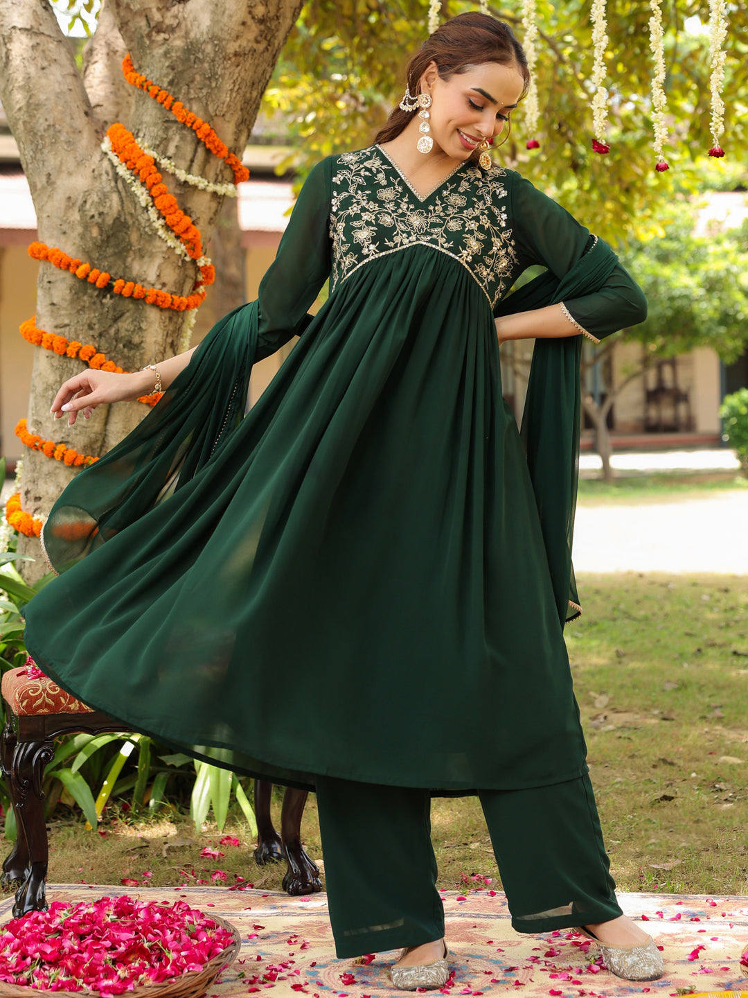 Janasya Women's Bottle Green Georgette Zari Yoke Embroidered A-line Kurta Set - qivii