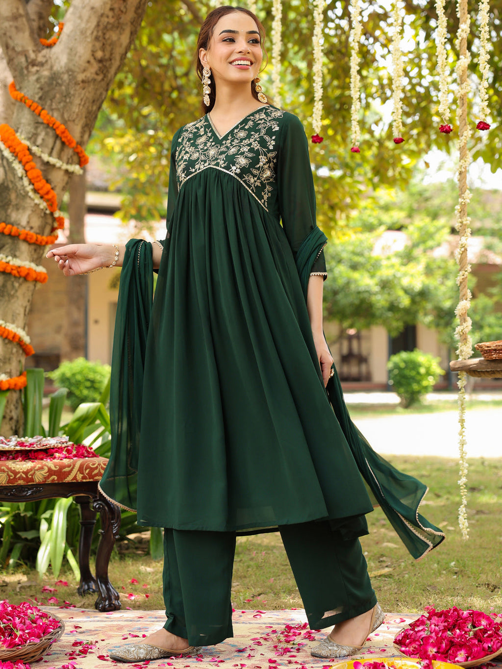 Janasya Women's Bottle Green Georgette Zari Yoke Embroidered A-line Kurta Set