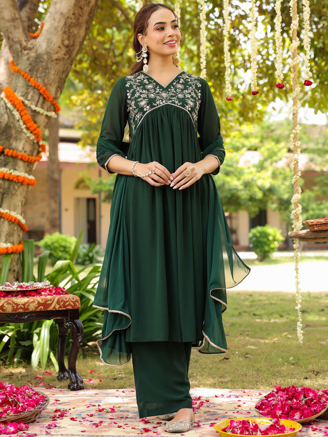 Janasya Women's Bottle Green Georgette Zari Yoke Embroidered A-line Kurta Set - qivii
