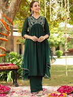 Janasya Women's Bottle Green Georgette Zari Yoke Embroidered A-line Kurta Set