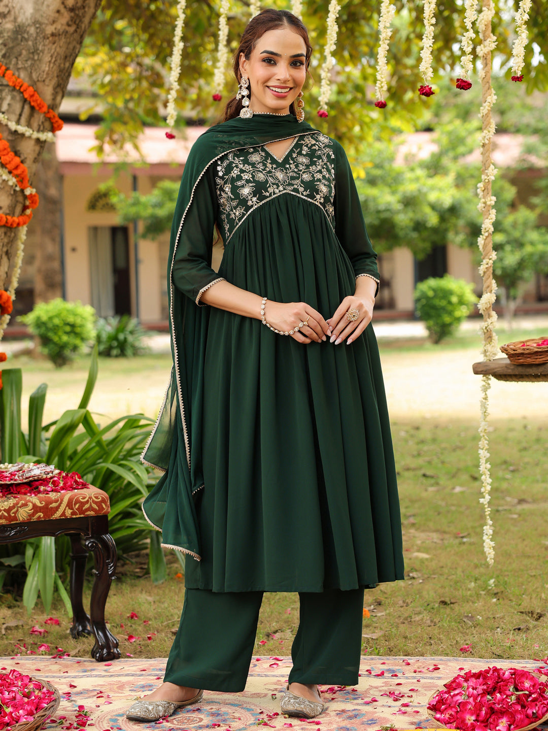 Janasya Women's Bottle Green Georgette Zari Yoke Embroidered A-line Kurta Set - qivii