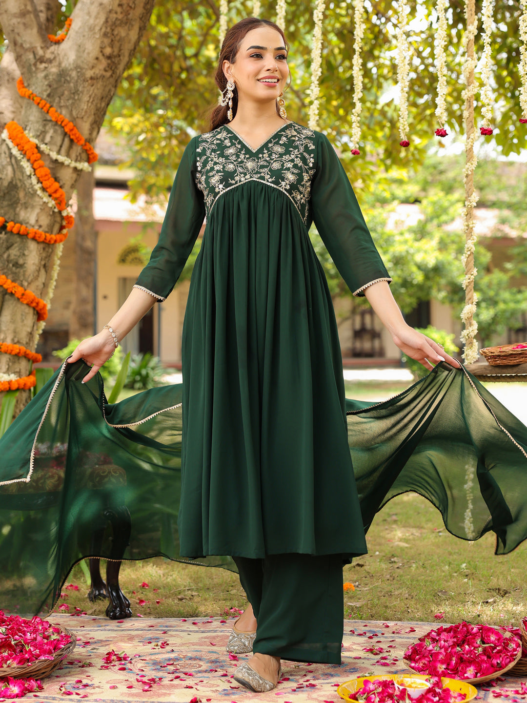 Janasya Women's Bottle Green Georgette Zari Yoke Embroidered A-line Kurta Set - qivii