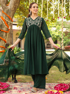 Janasya Women's Bottle Green Georgette Zari Yoke Embroidered A-line Kurta Set
