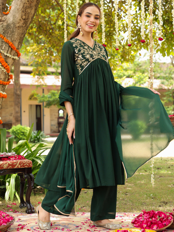 Janasya Women's Bottle Green Georgette Zari Yoke Embroidered A-line Kurta Set - qivii